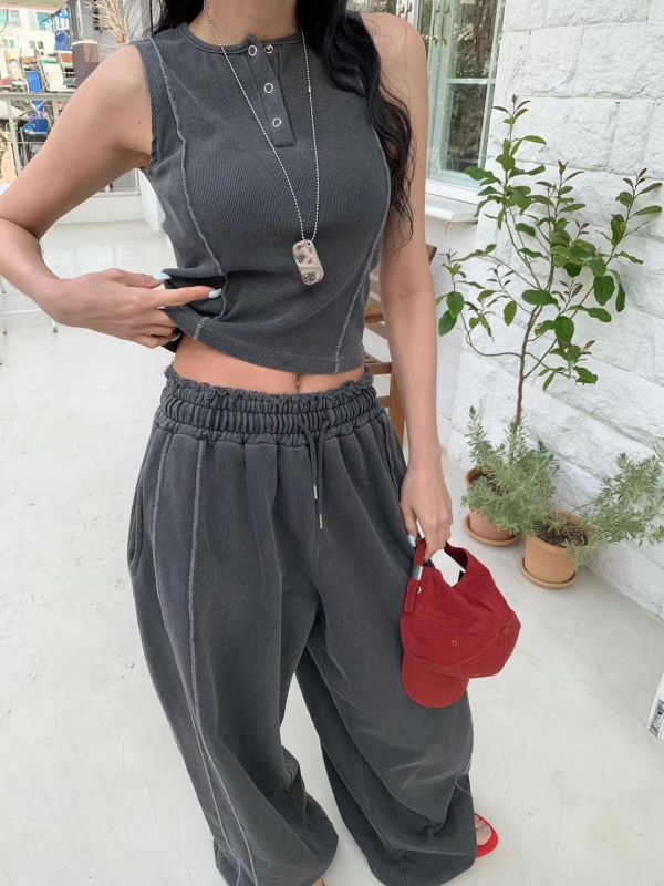 洗色外縫線壓扣背心/洗色外縫線薄毛巾棉長褲 