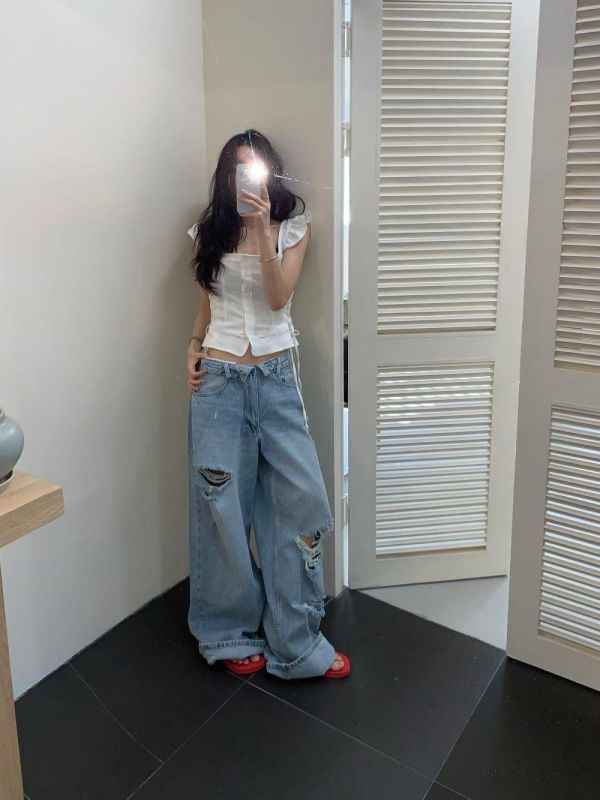 摺腰頭割破高腰牛仔褲 