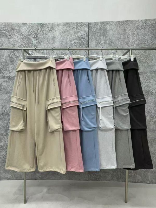 反摺褲頭薄毛巾工裝兩穿縮腳棉長褲 