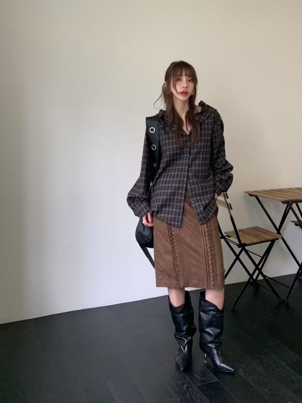 羊毛荷葉連帽格紋外套 