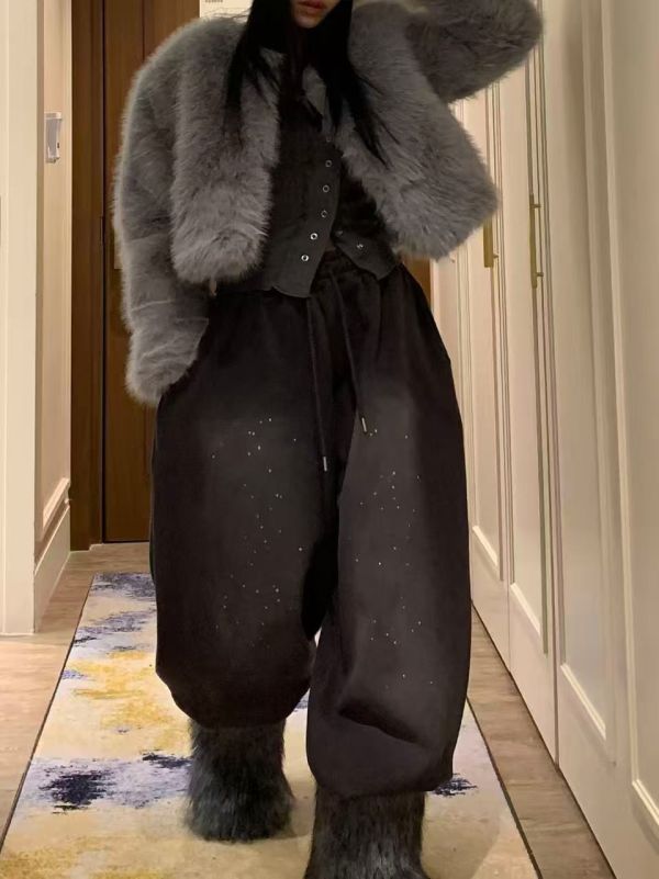 磨白油漆寬鬆抽繩加絨休閒褲 