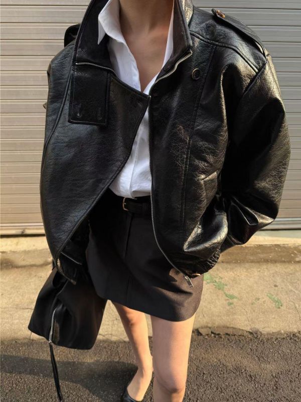 立領兩扣皮外套 