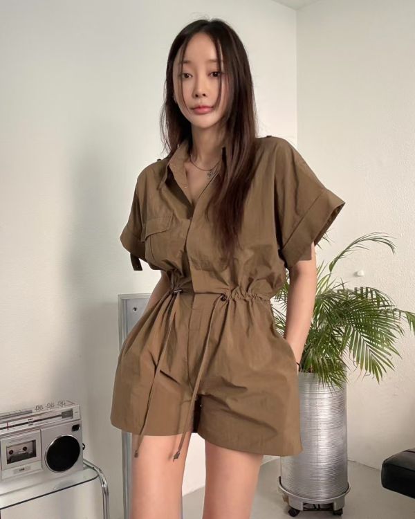 工裝感縮腰連身短褲 