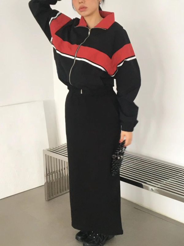 拼色條紋立領拉鍊外套 