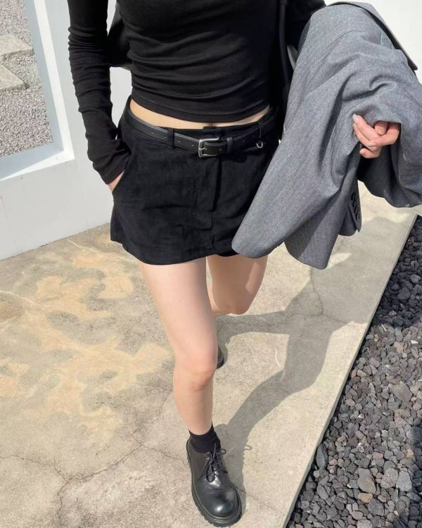 復古雙層麂皮絨短褲裙 