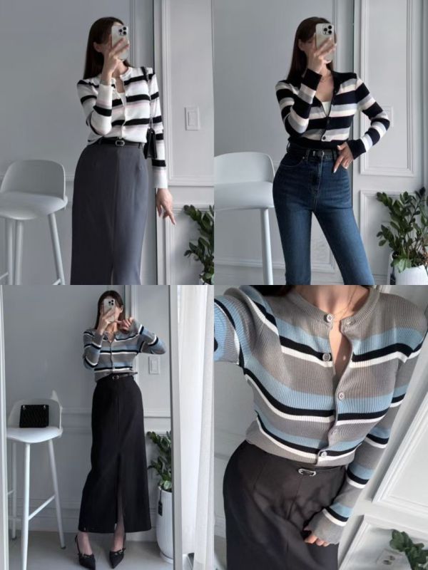 排釦條紋針織外套 