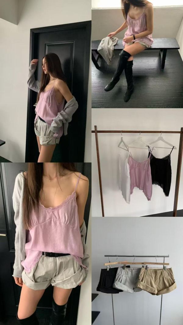 蕾絲圓弧絲綢背心 