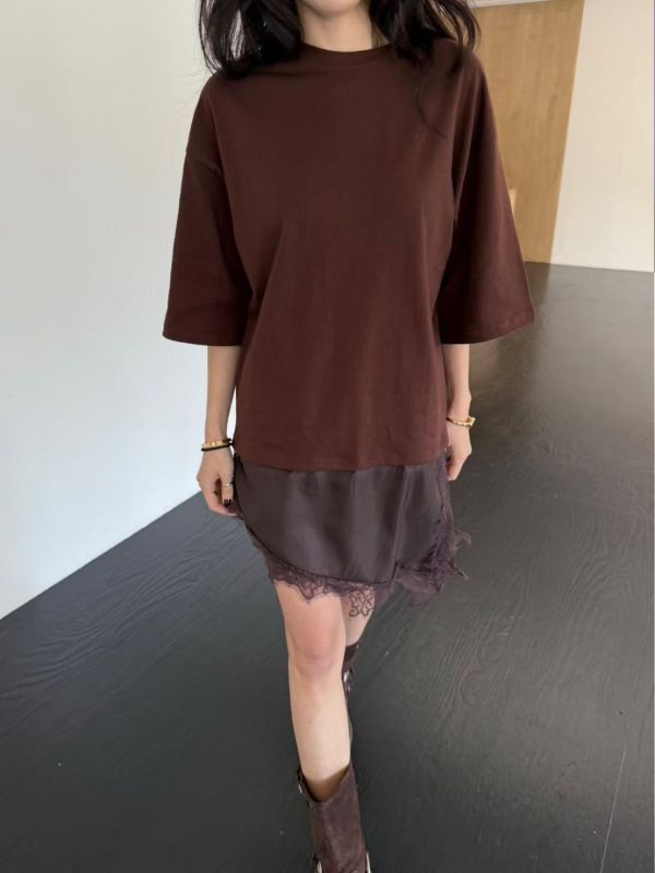 棉質拼蕾絲連身洋裝 