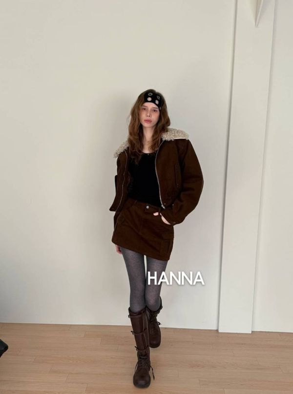 燈芯絨夾棉外套(毛領可拆)+工作褲裙Set 