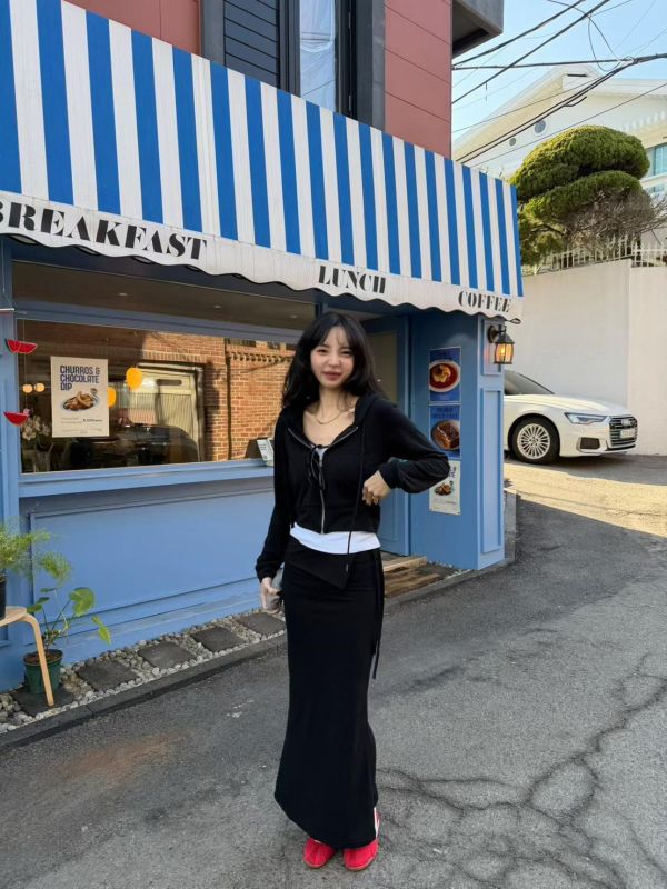 連帽短版棉質小外套/小包臀棉質反摺長裙 