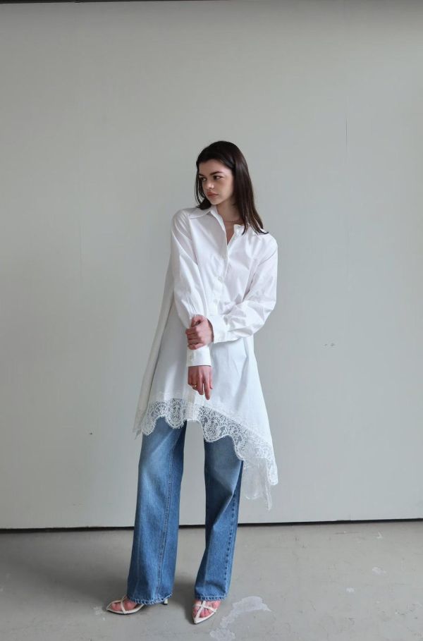 下擺蕾絲不規則襯衫洋裝 