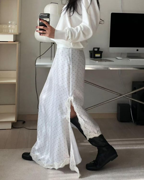 點點不對稱緞面蕾絲長裙(兩面穿) 