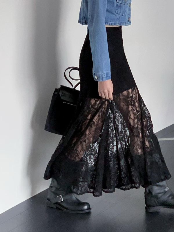 古董蕾絲花透膚魚尾裙 