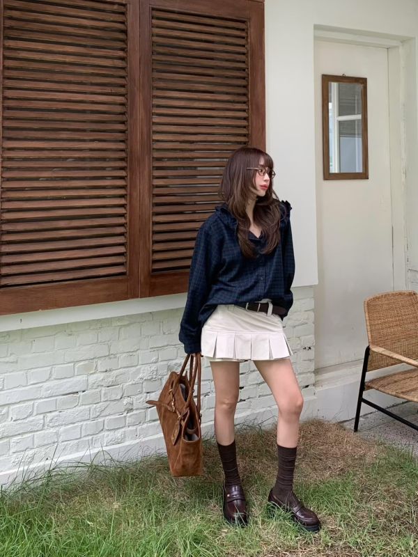 羊毛荷葉連帽格紋外套 