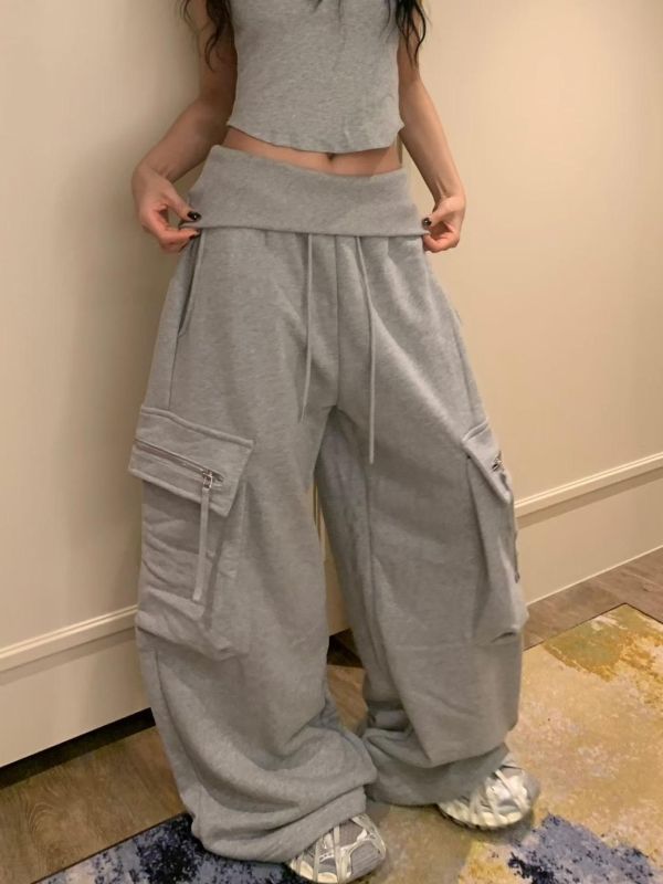 反摺褲頭薄毛巾工裝兩穿縮腳棉長褲 