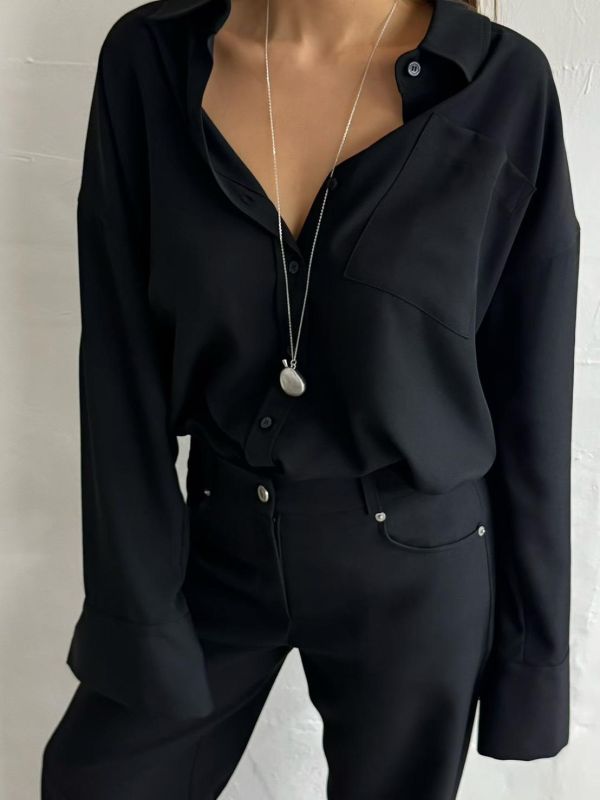 質感不易皺開衩襯衫/鬆弛不易皺直筒小喇叭褲 