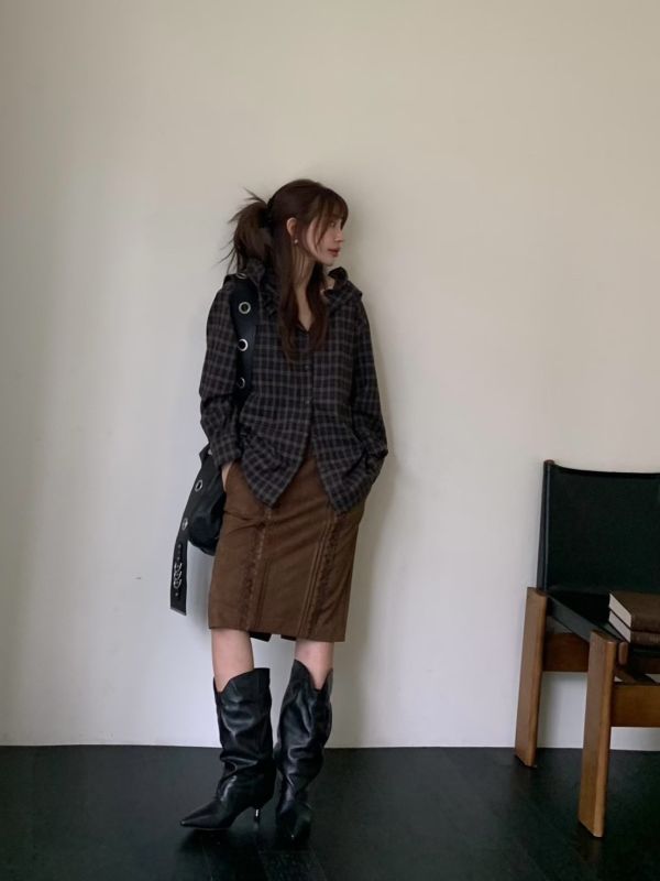 羊毛荷葉連帽格紋外套 