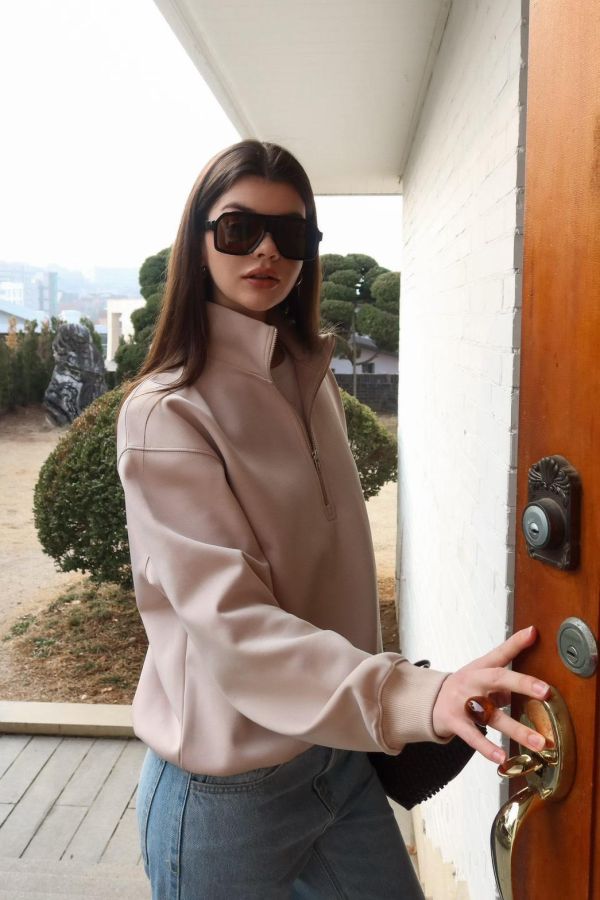 立領歐美風長袖上衣 