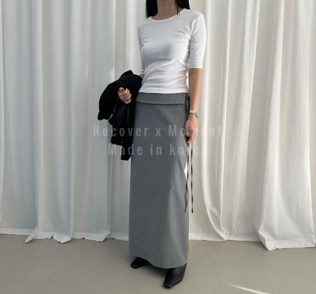 翻領側綁顯瘦條紋西裝裙 