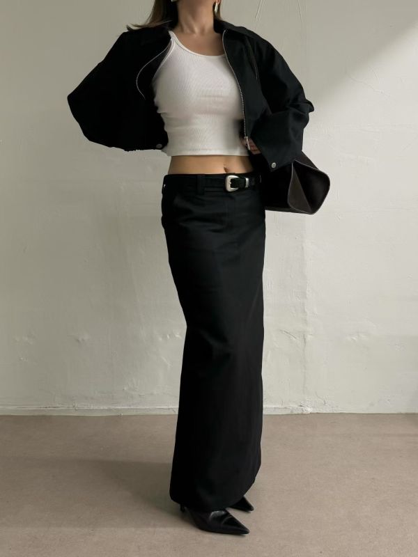 後開衩直筒牛仔長裙 