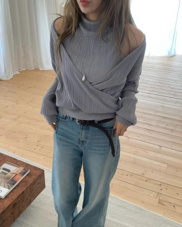 兩件式露肩皺褶上衣 