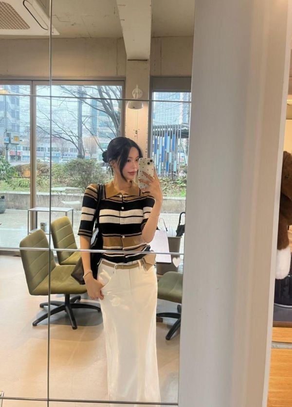 五分袖條紋針織POLO衫 