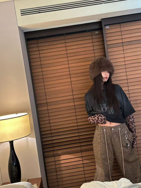 假兩件豹紋拼接長袖上衣 