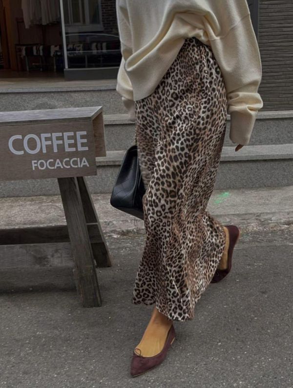 後鬆緊腰豹紋長裙 