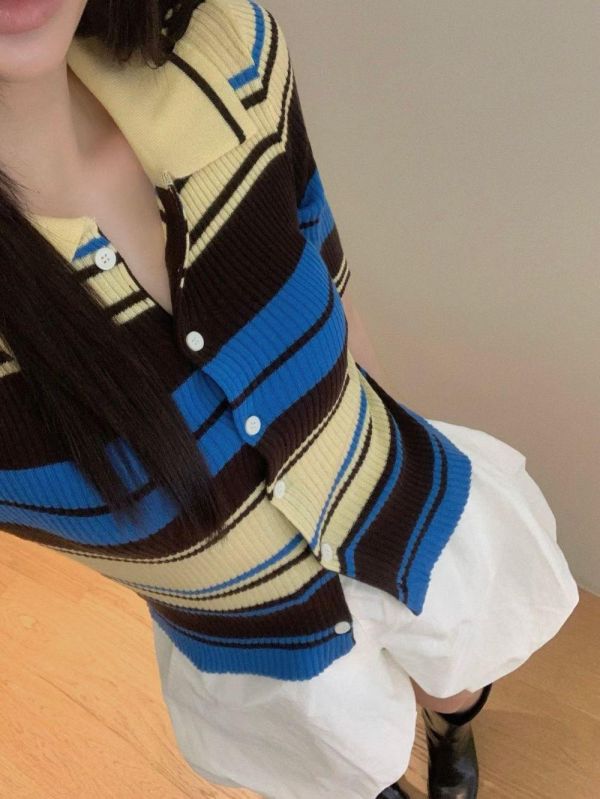 五分袖條紋針織POLO衫 