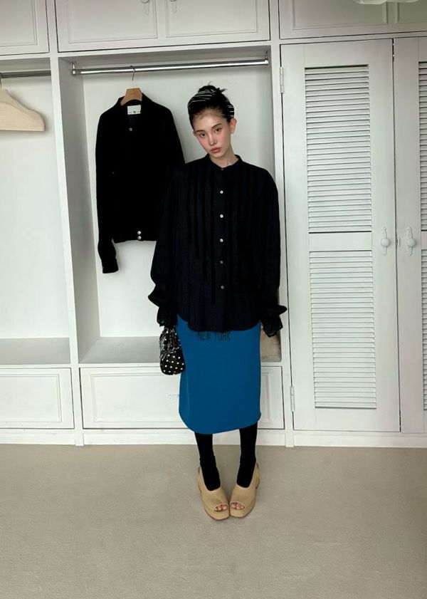 蕾絲圓領長袖襯衫 