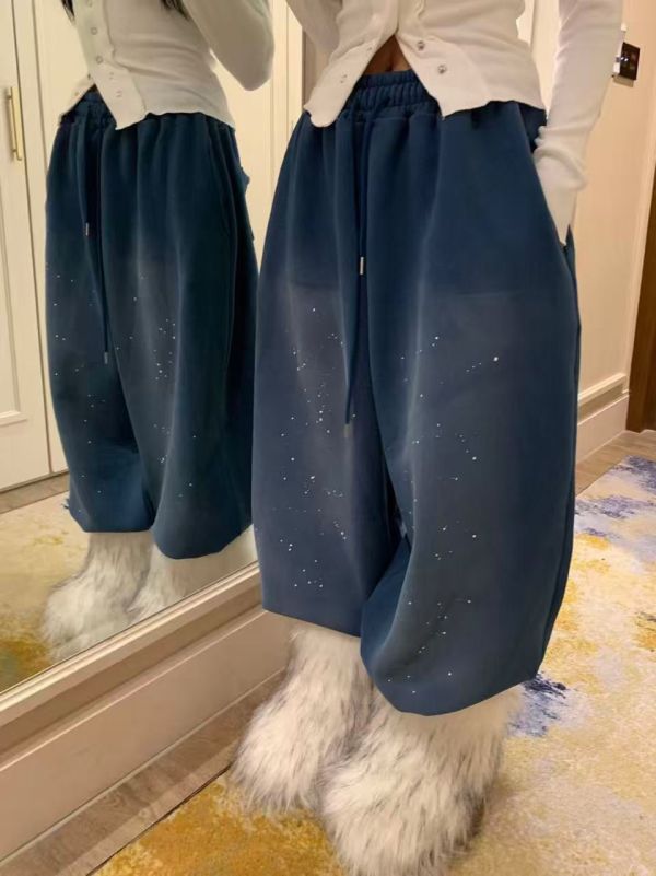 磨白油漆寬鬆抽繩加絨休閒褲 