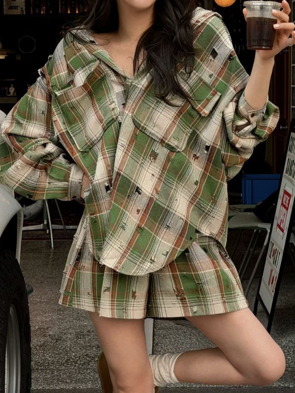 破損洗舊格紋襯衫/格紋短褲 