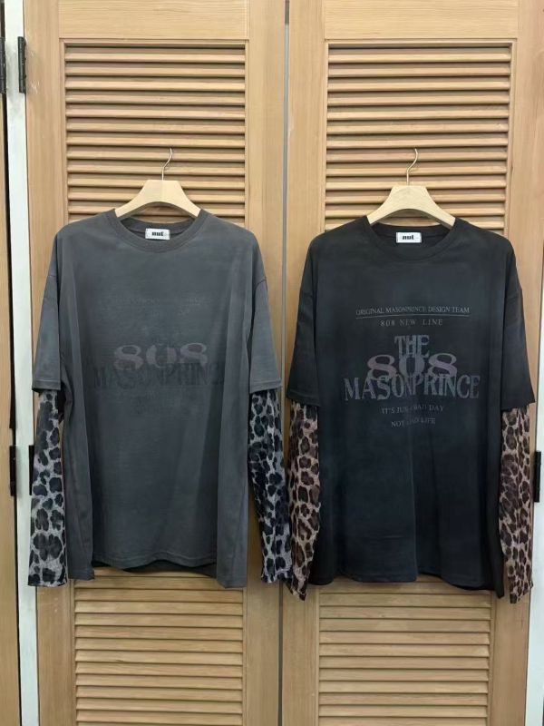 假兩件豹紋拼接長袖上衣 