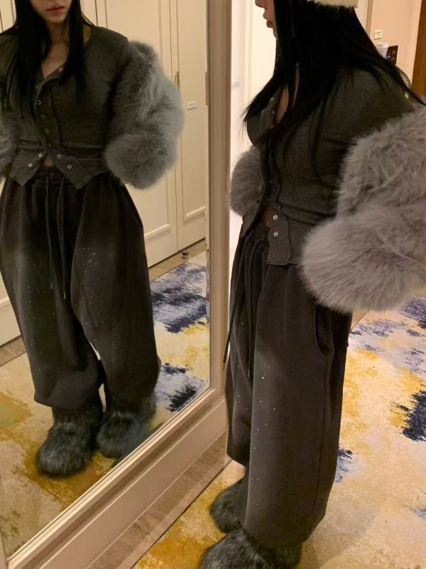 磨白油漆寬鬆抽繩加絨休閒褲 