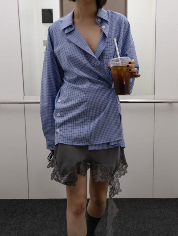 不對稱下擺蕾絲拼接裙 