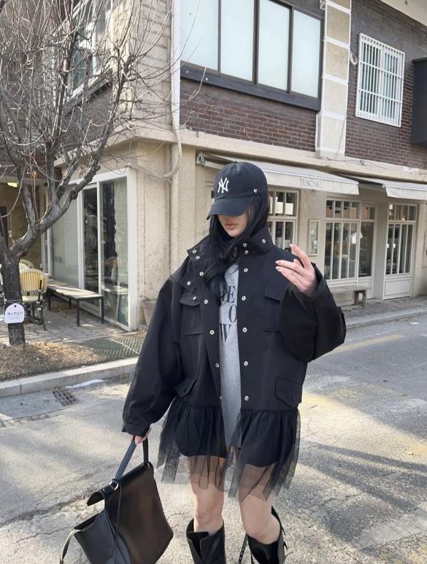 下擺網紗拼接立領風衣外套 