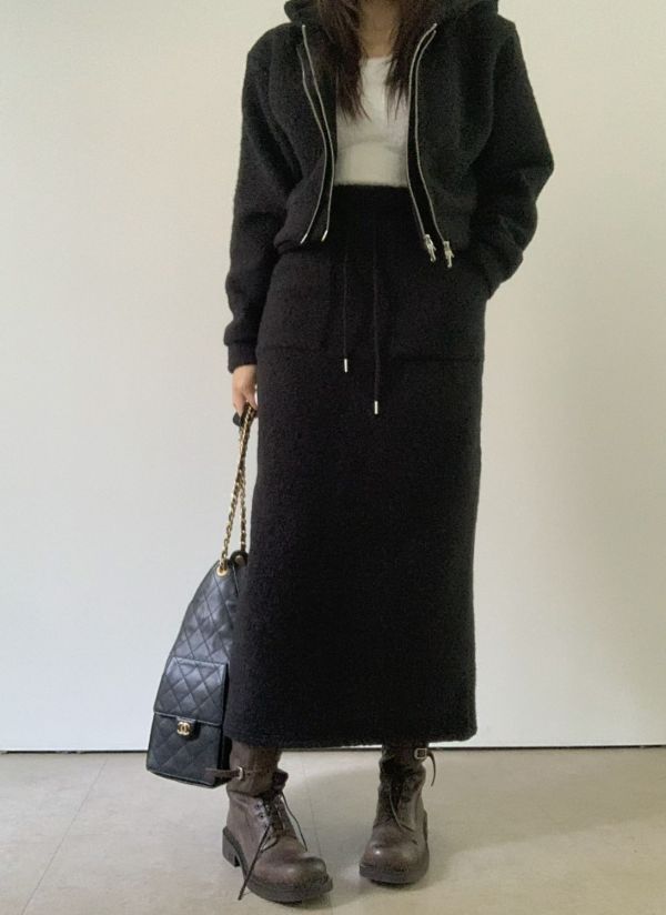 假兩件羊羔毛外套/後開衩羊羔毛長裙 