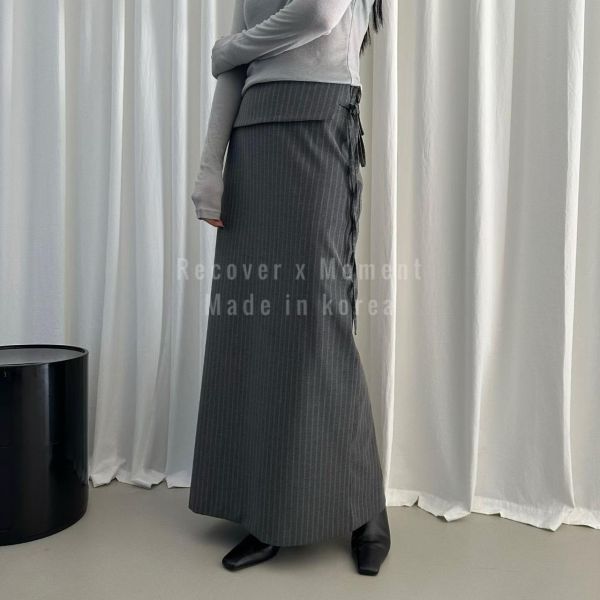 翻領側綁顯瘦條紋西裝裙 