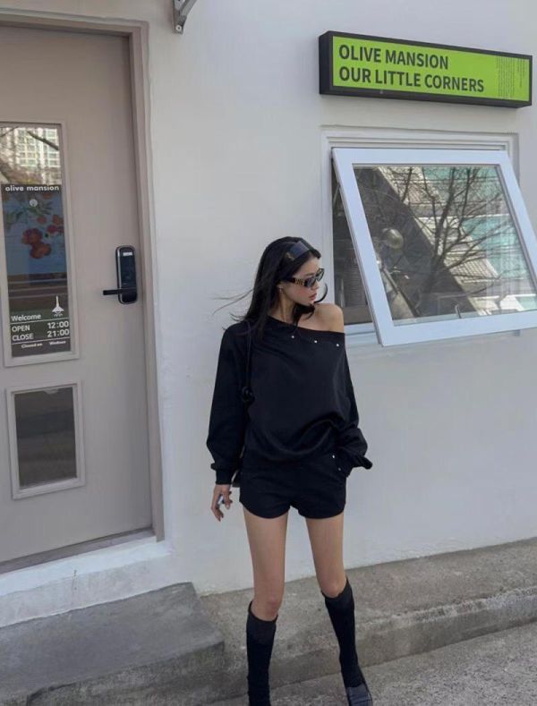 設計感斜肩上衣+短褲SET 