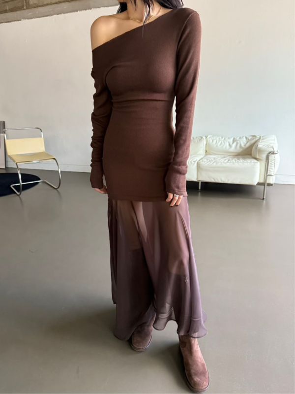 極美法式拚接斜領洋裝 