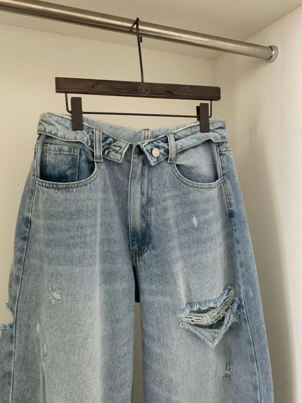 摺腰頭割破高腰牛仔褲 