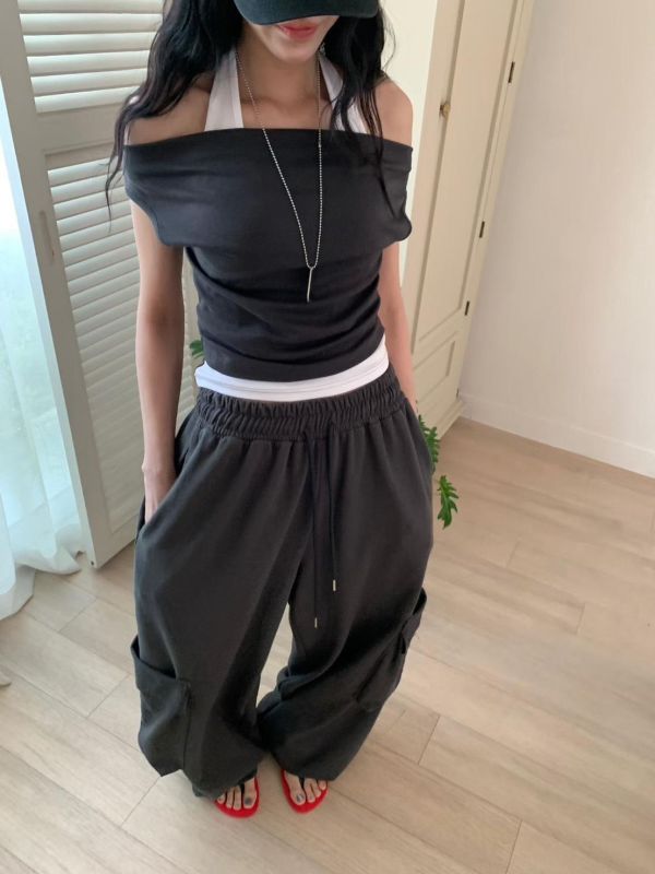 假兩件繞脖船領上衣 