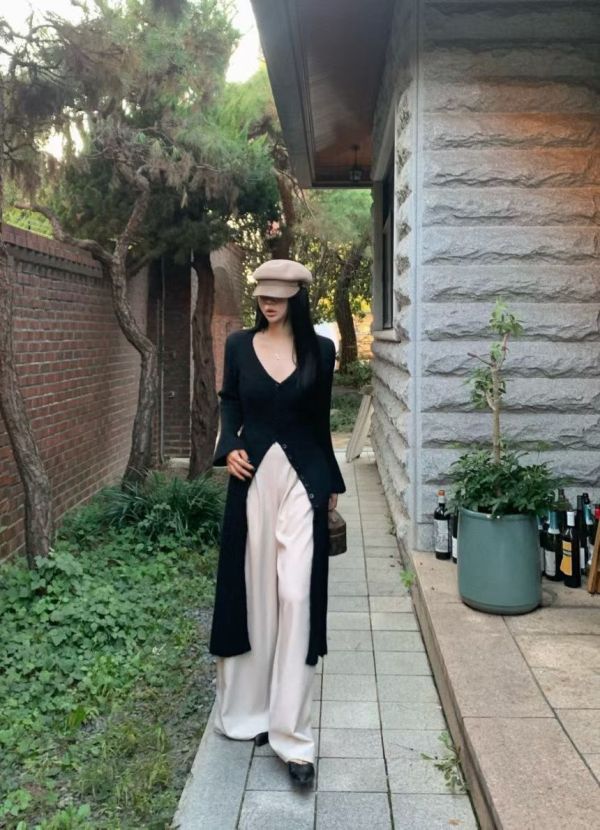 V領排釦開衩針織洋裝 