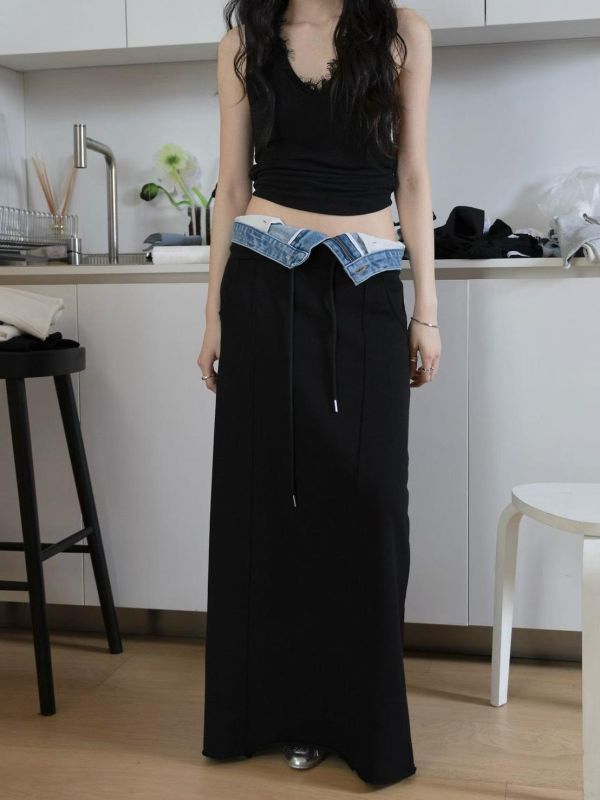 牛仔拼接抽繩棉質長裙 