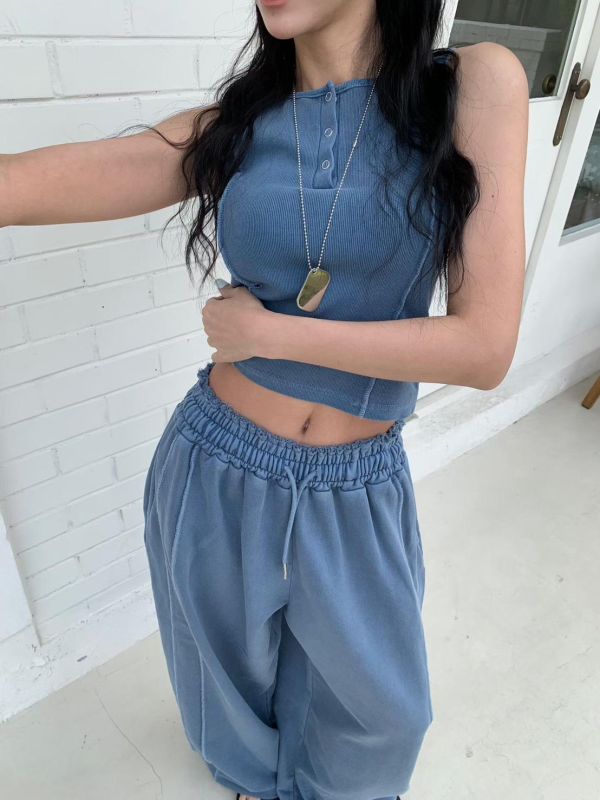 洗色外縫線壓扣背心/洗色外縫線薄毛巾棉長褲 