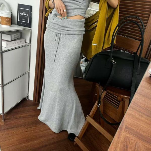 反摺抽繩棉質長裙(春夏款) 