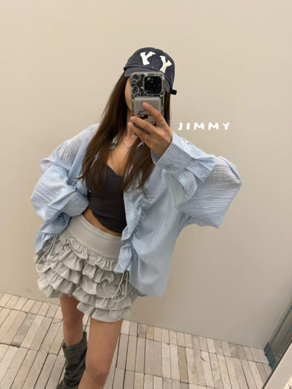 條紋皺褶抽繩襯衫外套 