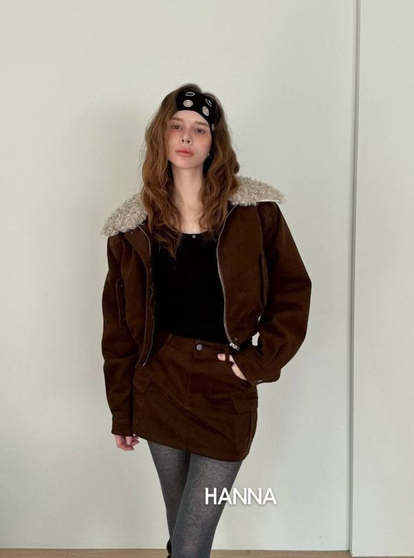 燈芯絨夾棉外套(毛領可拆)+工作褲裙Set 