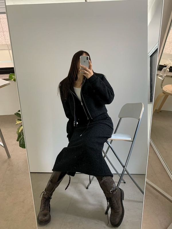 假兩件羊羔毛外套/後開衩羊羔毛長裙 