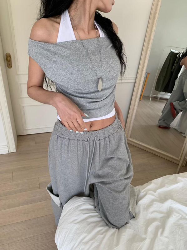 假兩件繞脖船領上衣 